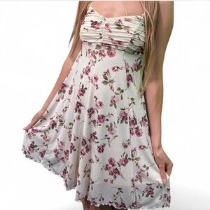 Elegant Floral Spaghetti Strap swing Dress XS double layer silky sundress